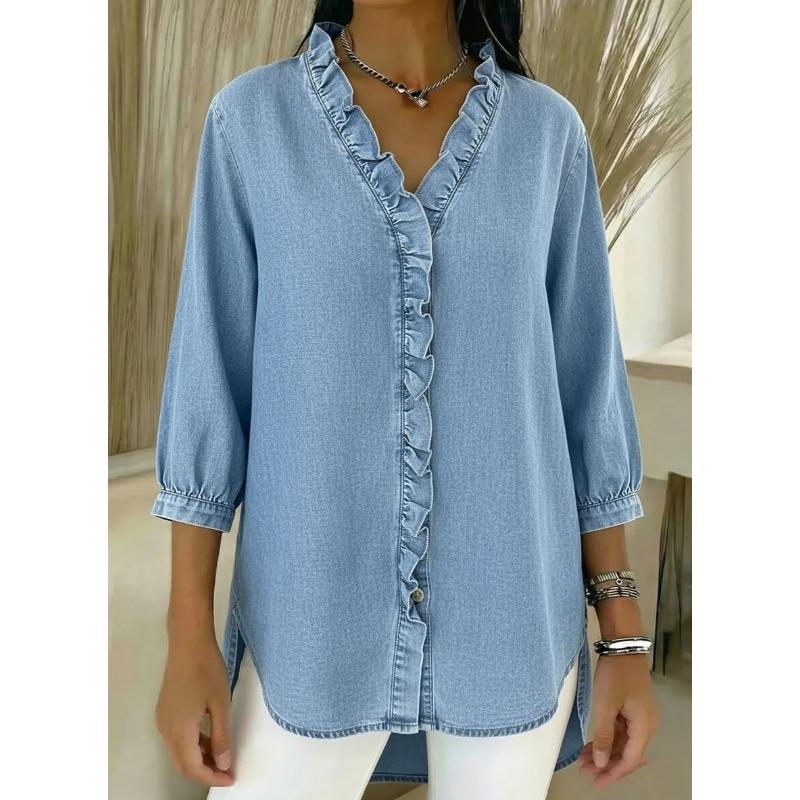 2026 Ladies Casual Imitation Denim V-Neck Ruffle Shirt