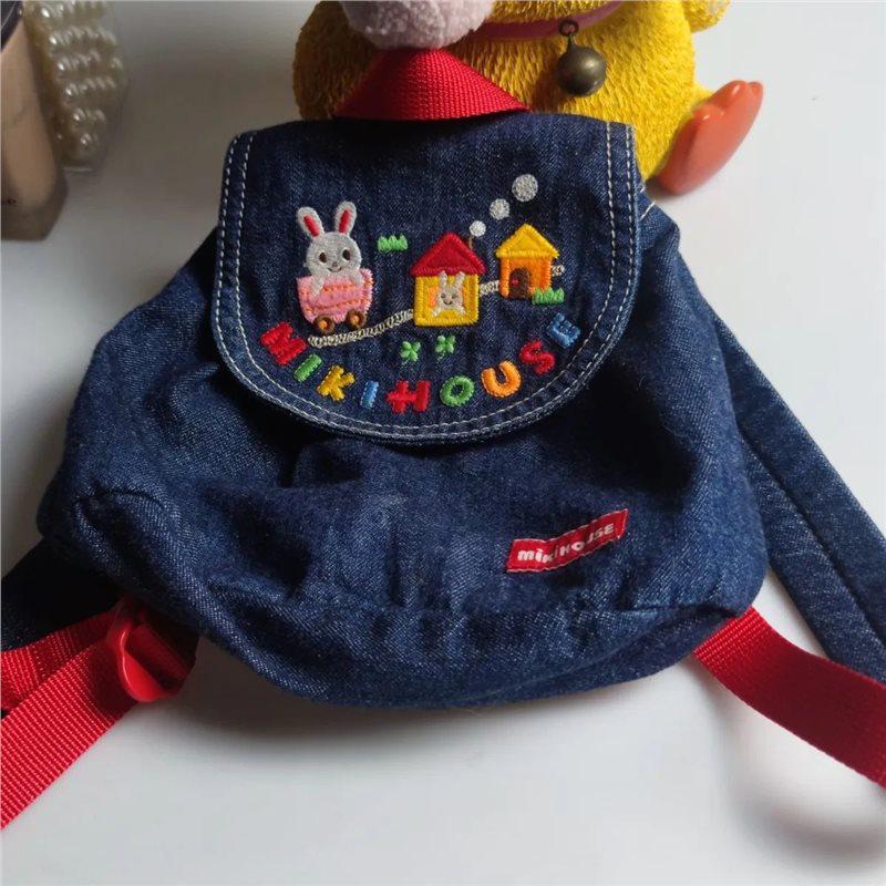 Japanese Miki Kids' Kindergarten Denim Backpack with Embroidery - Canvas School Bag for Boys and Girls