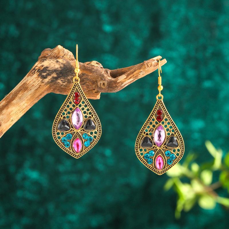 Vintage Ethnic Antique Gold Color Water Drop Earrings for Women Boho Simple Hollow Rhinestone Dangle Earrings Wedding Jewelry