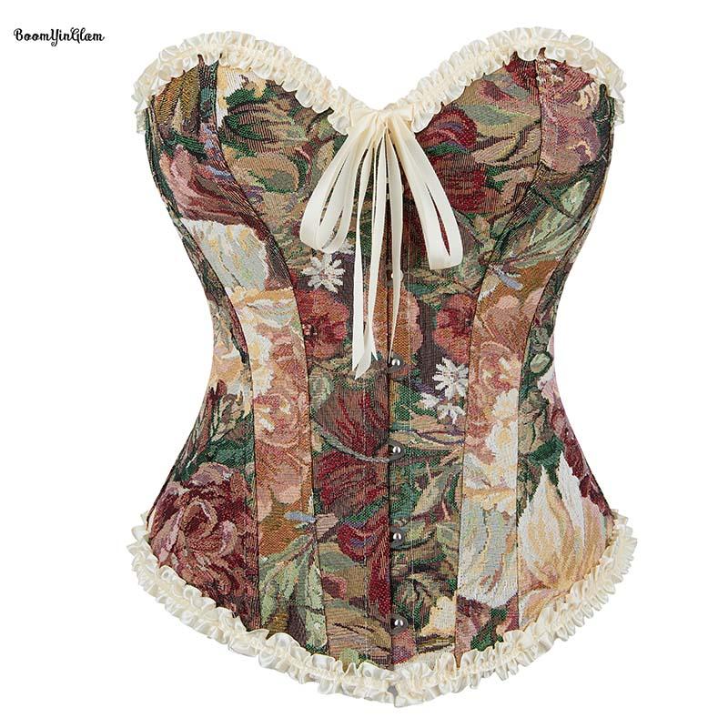 Women's Strapless Breathable Plus Size Corset Top Vintage Floral Print Ruffle Trim Lace-Up Back Waist Trainer Bustier for