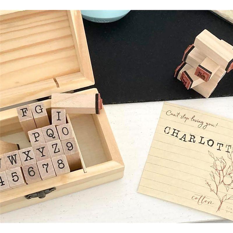 A74E-Multipurpose 36 Pcs Small Wooden Rubber Stamps In Wooden Box Number Alphabet Letter Wood For Card Making