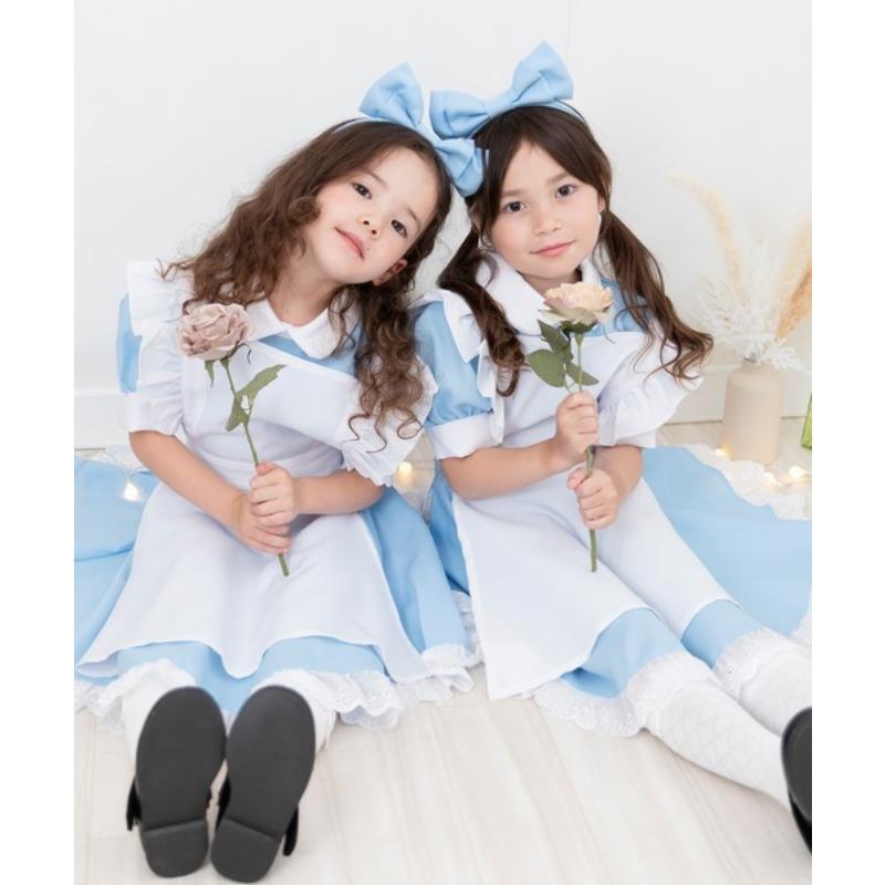 Girls Blue White Alice In Wonderland Maid Style Princess Dress With Headband For Birthday Party