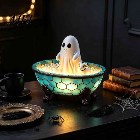Halloween Ghost Bathtub Night Light Bubble Bath Lamp, Cute Decor, Decorative Retro Style Desktop Lamp & Puppy for Indoor Bedroom Living Room