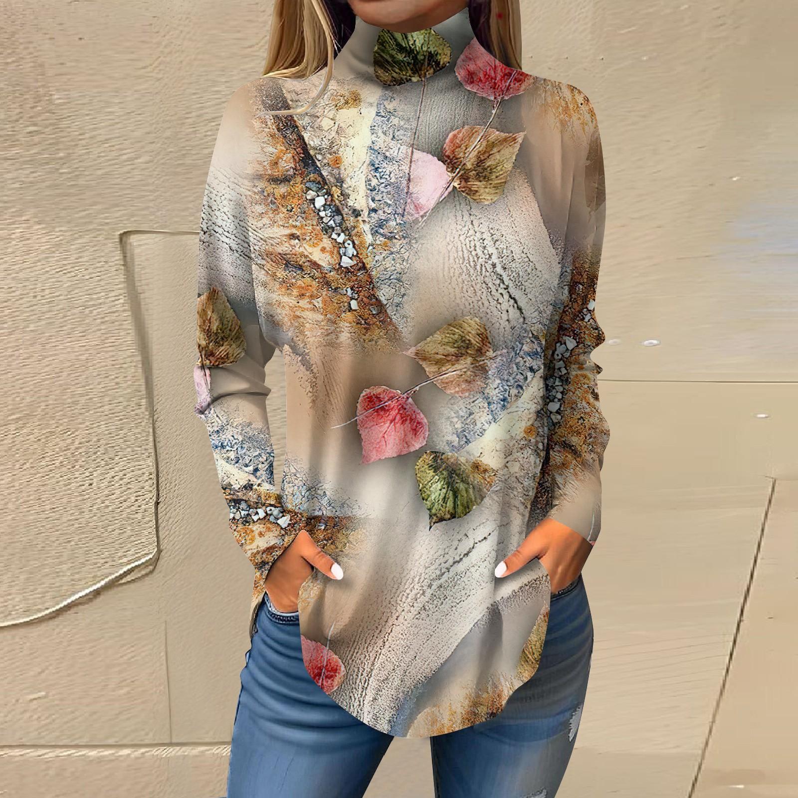 

Женская модная повседневная футболка с длинным рукавом с высоким воротом и принтом, пуловер, топ XXXL золотой