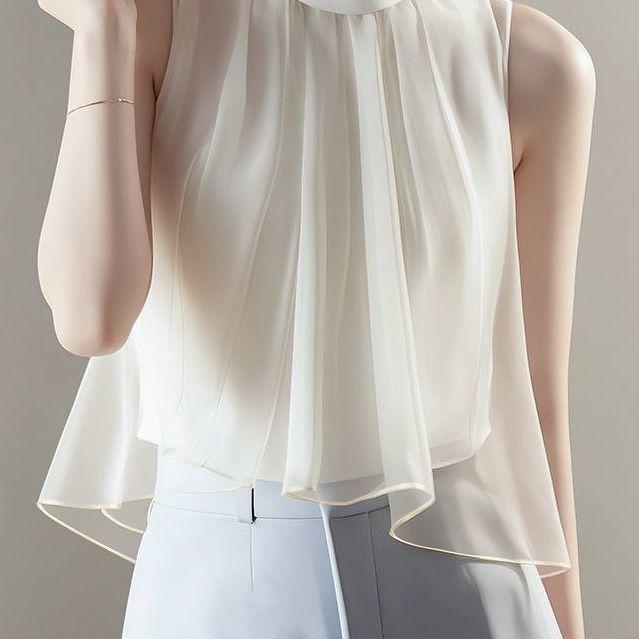 Unique Gradient Blouse Women Elegant French Sleeveless Chiffon Shirt Stylish Casual Summer Top