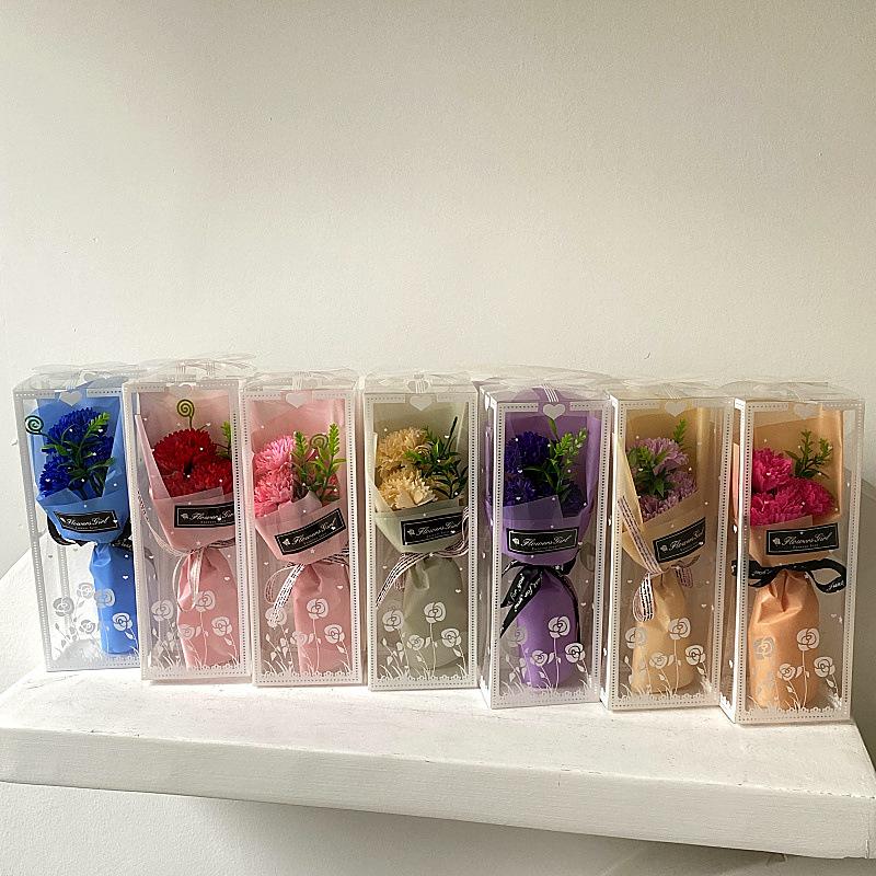 Artificial Carnation Floral Gift Box - Delicate Flower Arrangement In The Clear Plastic Box with Ribbon Decoration