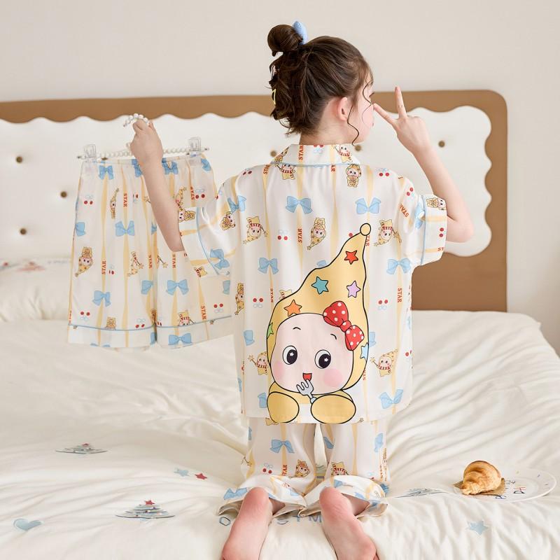 Kids Ice Silk Pajama Set Girls 3-Piece Short Sleeve Long Pants Cartoon Print Soft Breathable Sleepwear Home Outfit
