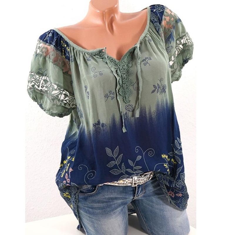 Ladies Summer Tops V-Neck Printed Lace Lace Short Sleeve T-Shirt