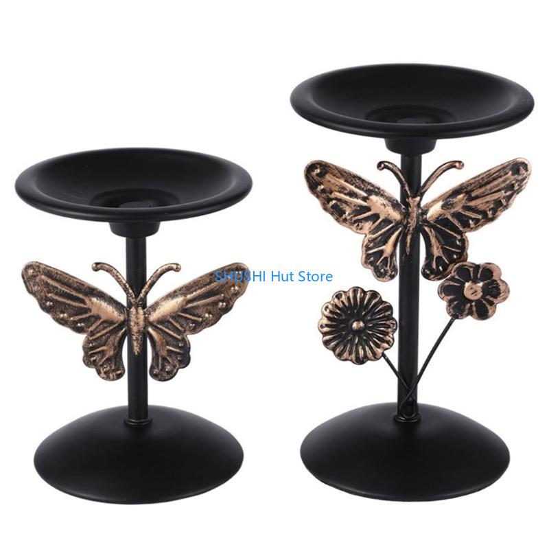 2Pcs Decorative Black Holder Iron Stand for Pillar Metal Candlestick Dining Table Centerpieces D57B