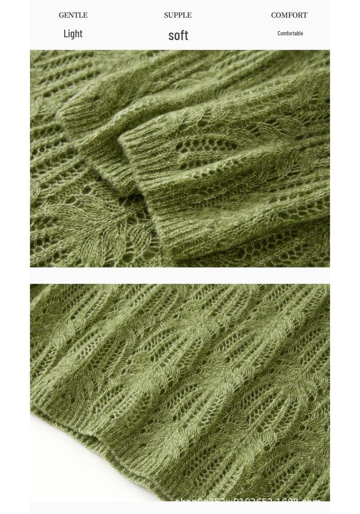 Korean Style Women's Cashmere Lyocell Round Neck Hollow Knit Sweater