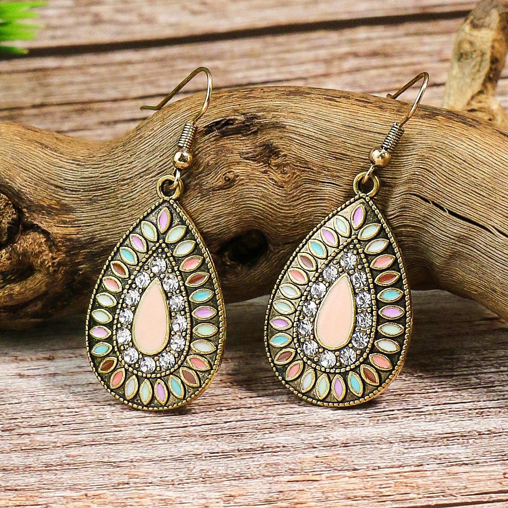 Bohemian Fashion Earrings Alloy Oil Drop Vintage Geometric Round Turquoise Inlaid Exquisite Dot Zircon Ear Zircon Wholesale