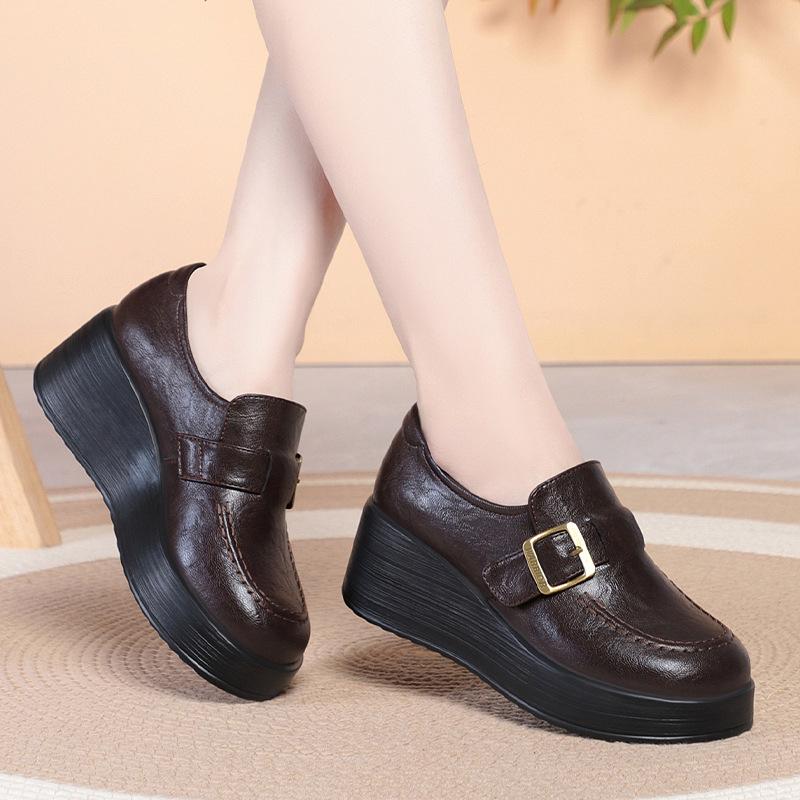 

Womens Retro Leather Wedge Platform Shoes With Buckle Height Boosting Non Slip Sole Comfortable Casual Footwear For Moms New 36