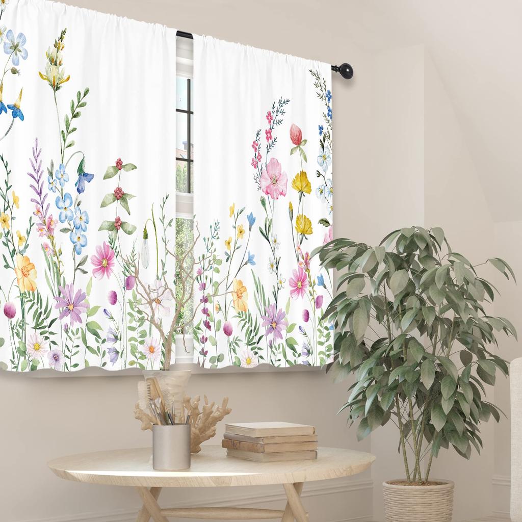 2 Panels Floral Curtains Wildflower Rod Pocket Colorful Leaves Spring Nature Rustic Bedroom Living Room Treatment Fabric