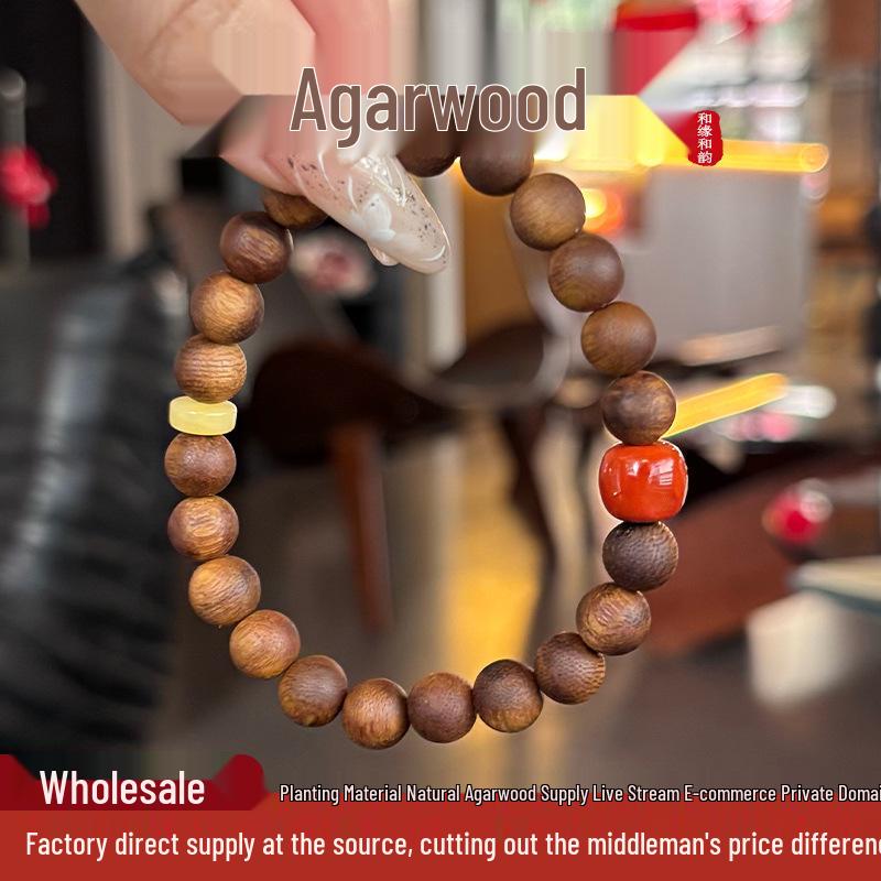 Natural Agarwood Bracelet with Amber & Red Agate Accents, 8mm Beads, Customizable DIY Style 8mm