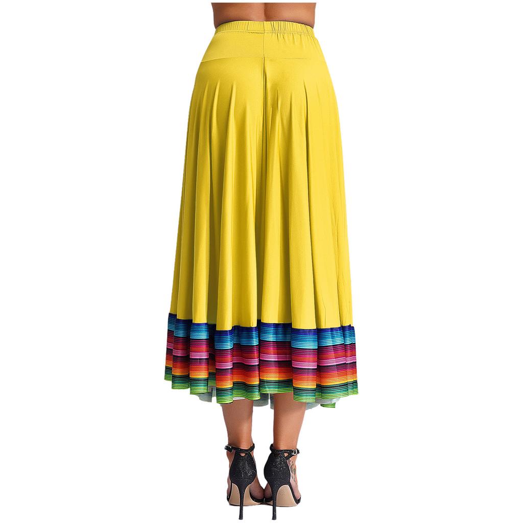 Damen Bunter Streifen Saum Rock Elastischer Bund Flamenco Ballsaal Tanz Volkstanz Bühnenauftritt Rock