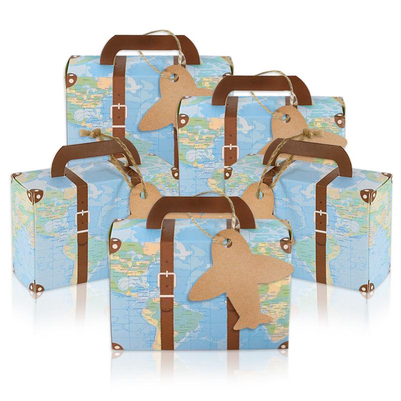 5/10Pcs Mini Suitcase Boxes with Tag Wedding Favors Candy Gift Box for Guests Kids Travel Theme Birthday Party Decor Supplies