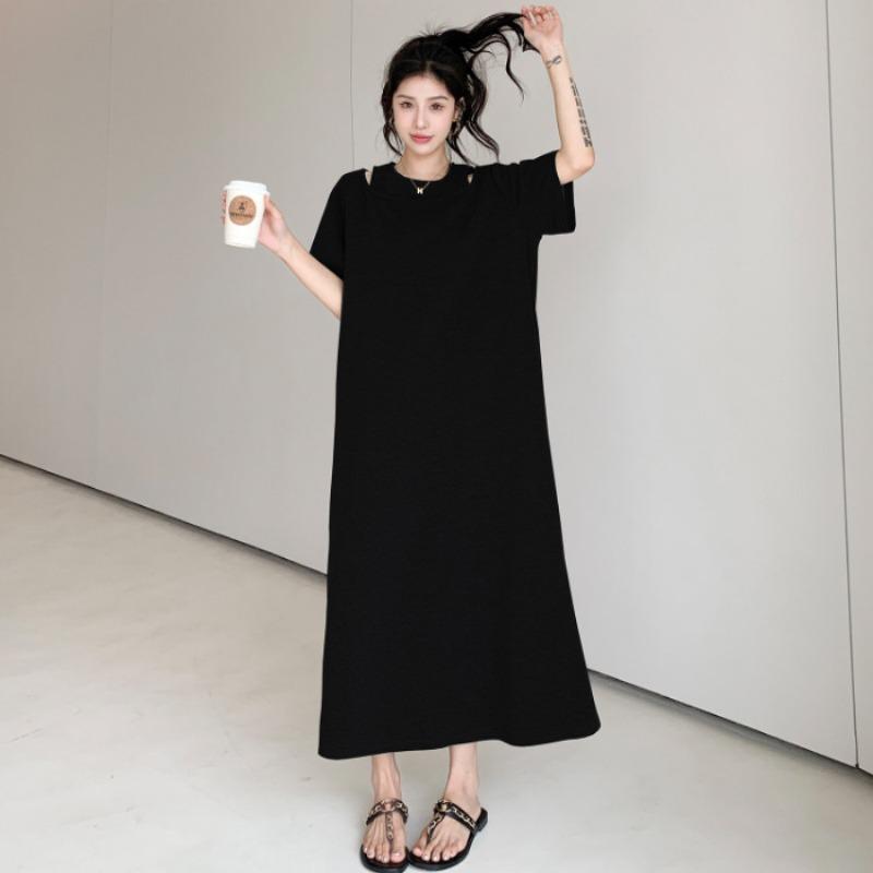 Women's Lazy T-shirt Dress Summer Temperament Off-the-shoulder Plus Size Slimming Over The Knee Dress