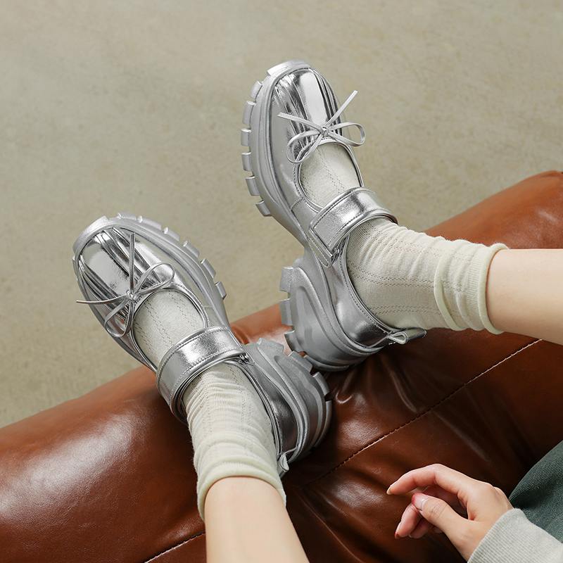 Krazing Pot Sheepskin Spring Autumn Summer Sneakers Platform Lace Up Silver Color Butterfly-knot Thick Bottom Women Fashion Shoes