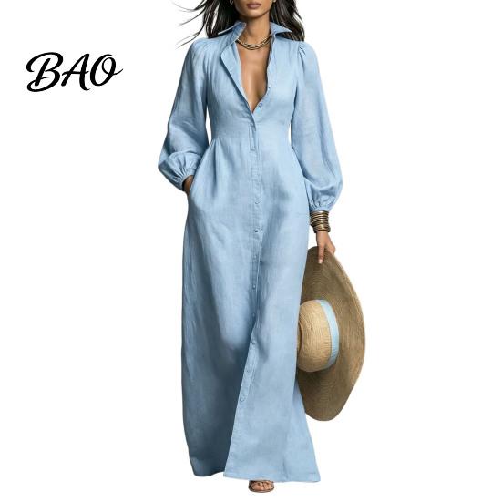 Women Casual Dress Button Front Shirt Dress, Long Sleeve Turn-down Collar Dresses Solid Color Cinched Waist for Daily Office Collared Style