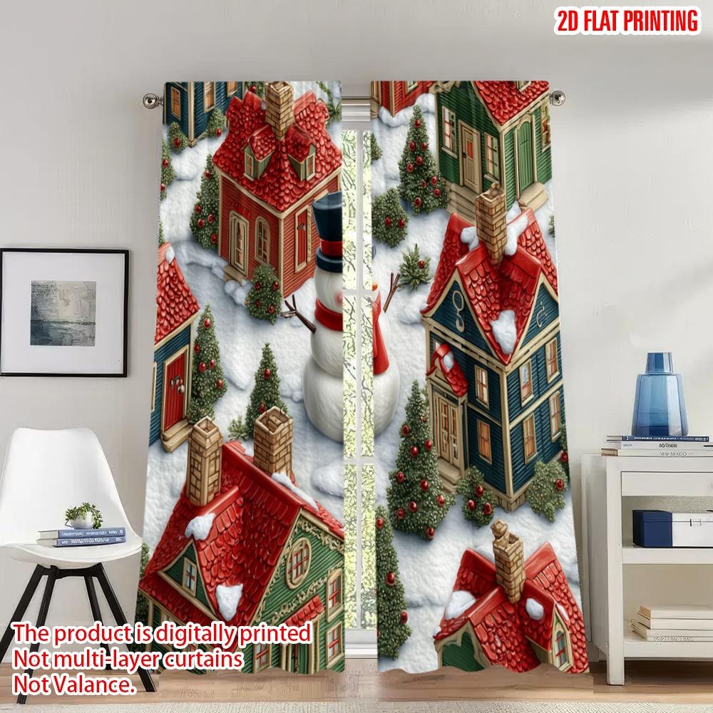 

2pcs 2D flat printing Merry Christmas Curtains Christmas Snowman Village Houses Digital Printed Polyester Drapes Festive 100*130 HOOK 1pcs