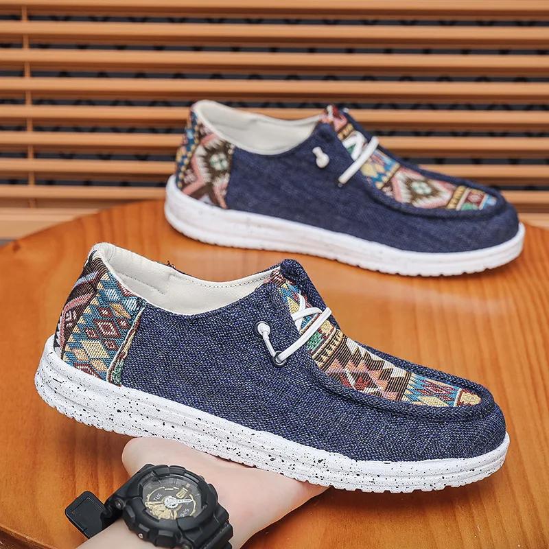 Modne Nowe Etniczne Męskie Buty Lniane Płócienne Buty do Chodzenia Modne Buty Casual Oddychające Płaskie Buty