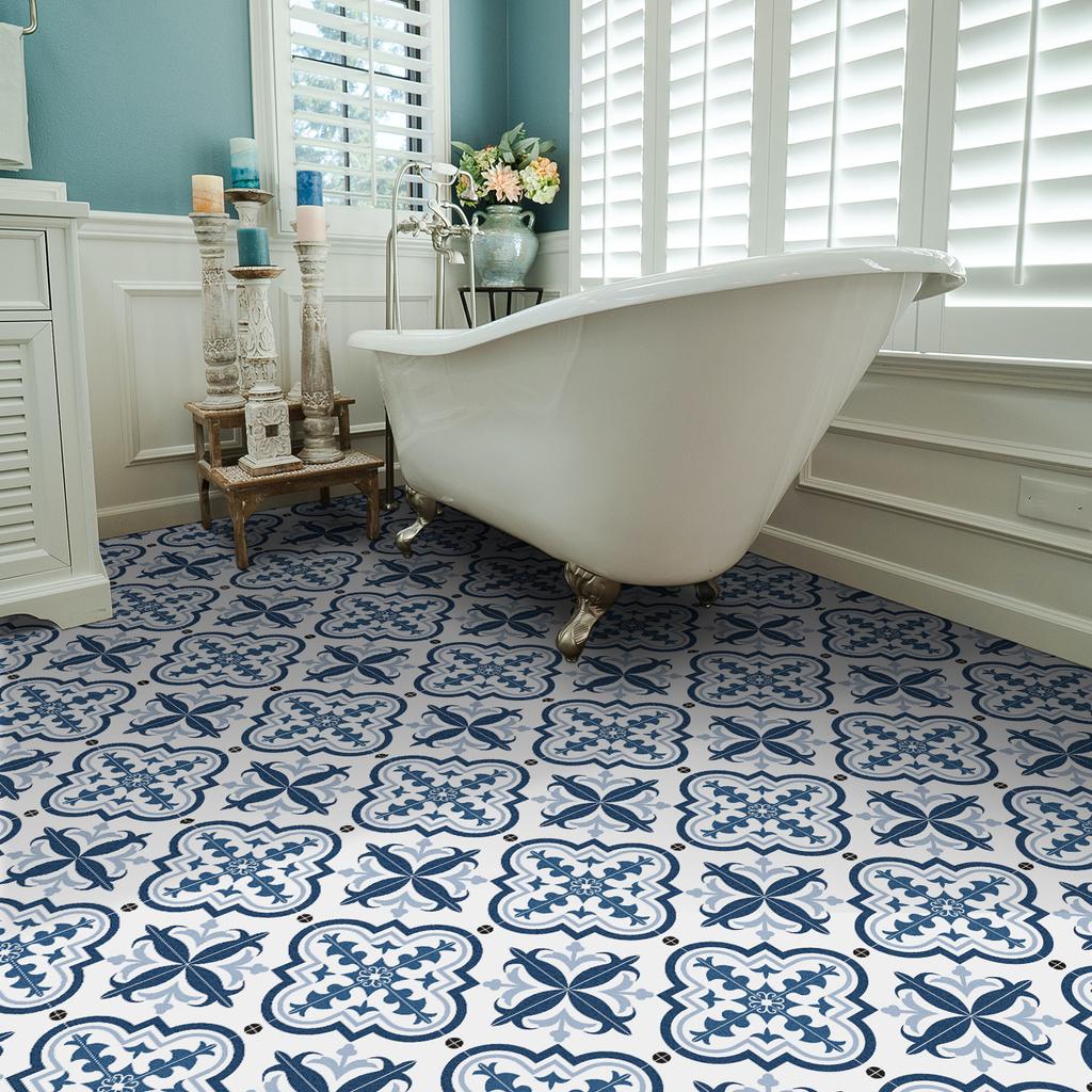 Portuguese Traditional Tile Floor Sticker Kitchen Bathroom Floor Decoration Self-Adhesive Thickened Matte Anti-Skid Sticker Waterproof