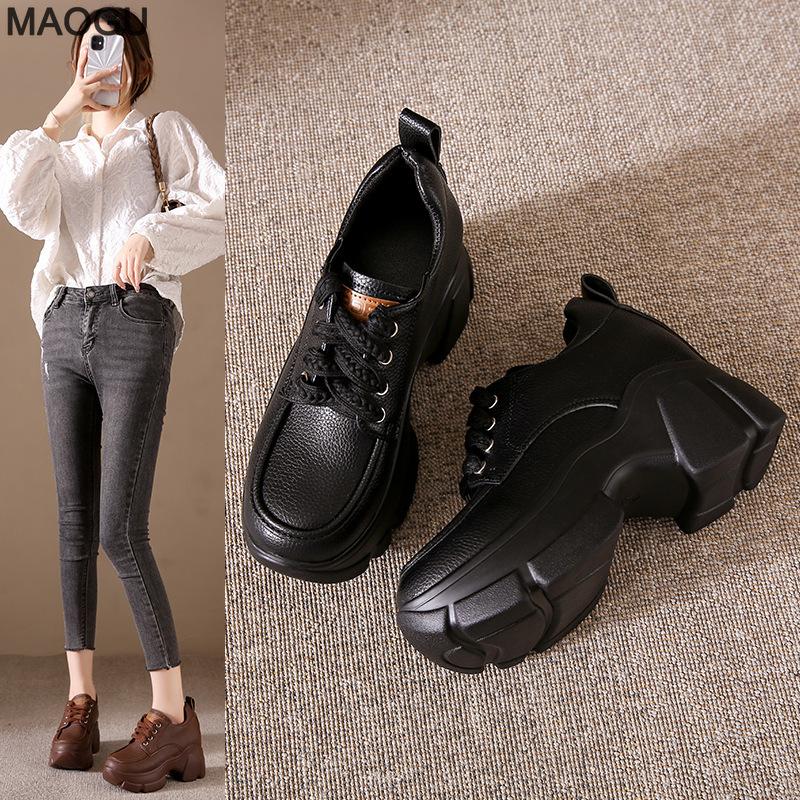 Height Increasing Sports Casual Shoes Spring Autumn New Lace Up Leather Sneakers Versatile Platform Chunky Sole Women's Footwear