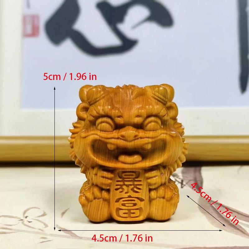 Natural Solid Wood Feng Shui Little Lion Lucky Mini Statue Cute Home Room Office Car Decorations  Featured Mascot A Pair