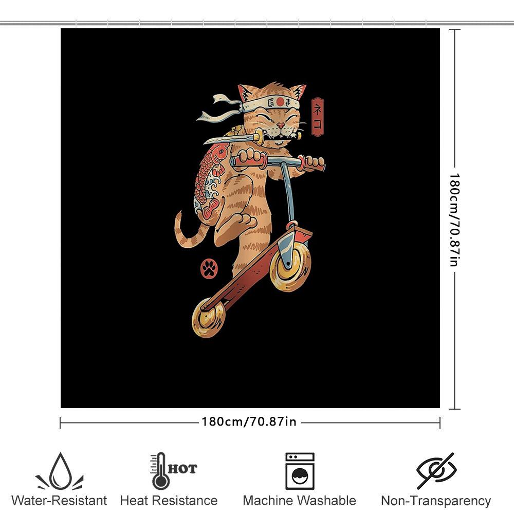 Japanese Cat Scooter Anime Shower Curtain Unique Cool Funky Washroom Decor Home Decor Gift For Cat Lovers