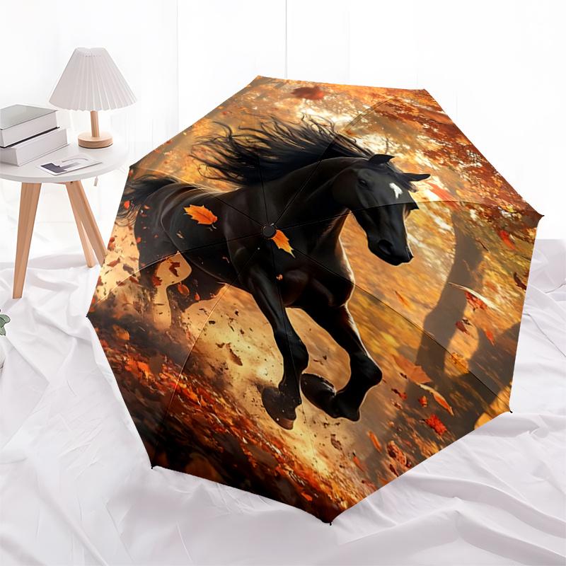 Autumn Leaf Horse Design Automatic Opening/Closing Umbrella with Foldable Design, , Travelers, Daily Use, Gift Suitable for All Occasions112