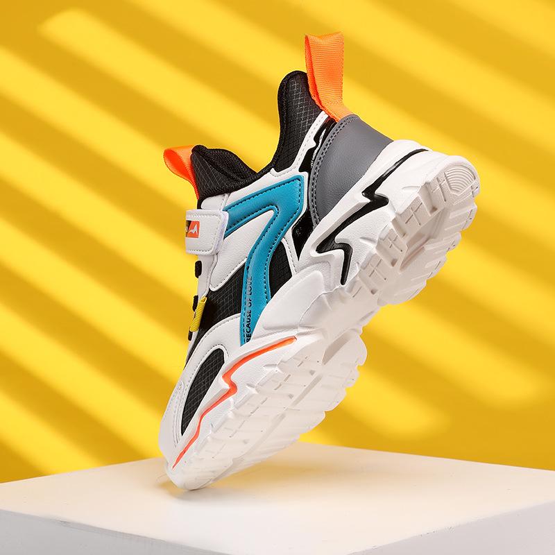 Children's Autumn New Mesh Leather Splicing Sports Shoes, Students Soft-soled Handsome Basketball Shoes, Middle and Older Children's Running Shoes