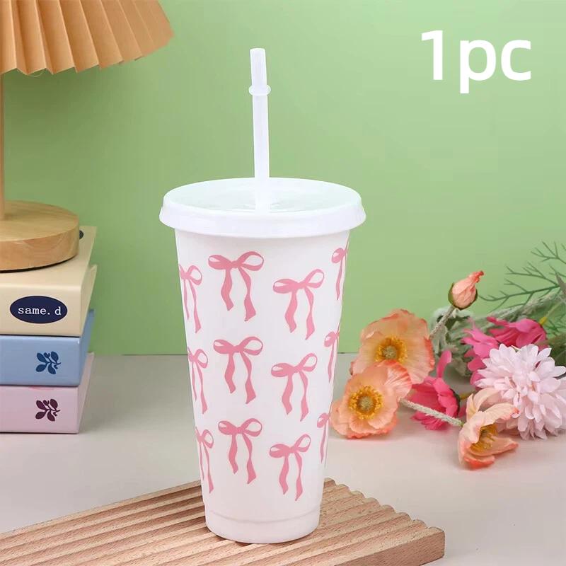 1/3/5 pack Kawaii Bow Reusable Party Cup, Coffee Juice with Straw and Lid, Cute Teacup with Straw Plastic Cup Summer Gift