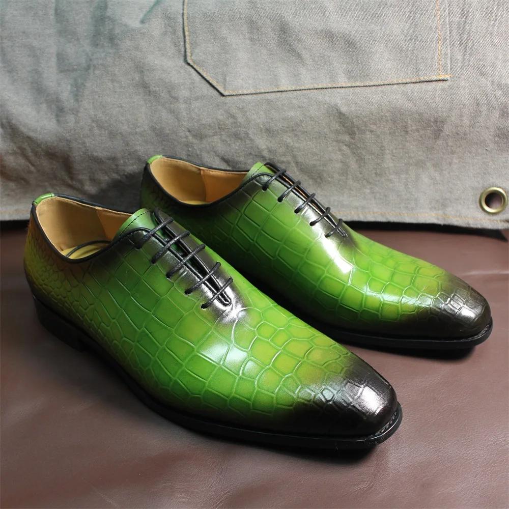 FELIX CHU Men's Genuine Cow Leather Shoes Crocodile Print Business Green Dress Shoes Formal Wedding Footwear for Spring Autumn