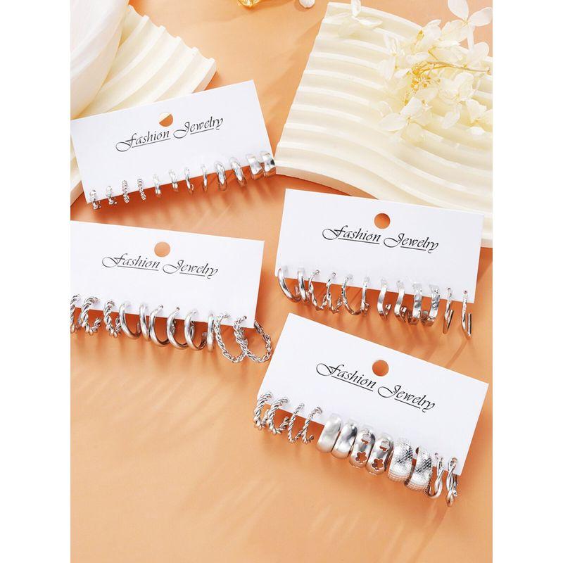 Hong Kong Style Trendy Silver Pigment Ring Earrings Niche High-Grade Ear Studs Women Light Luxury 24 Pairs Set Earrings Western Style
