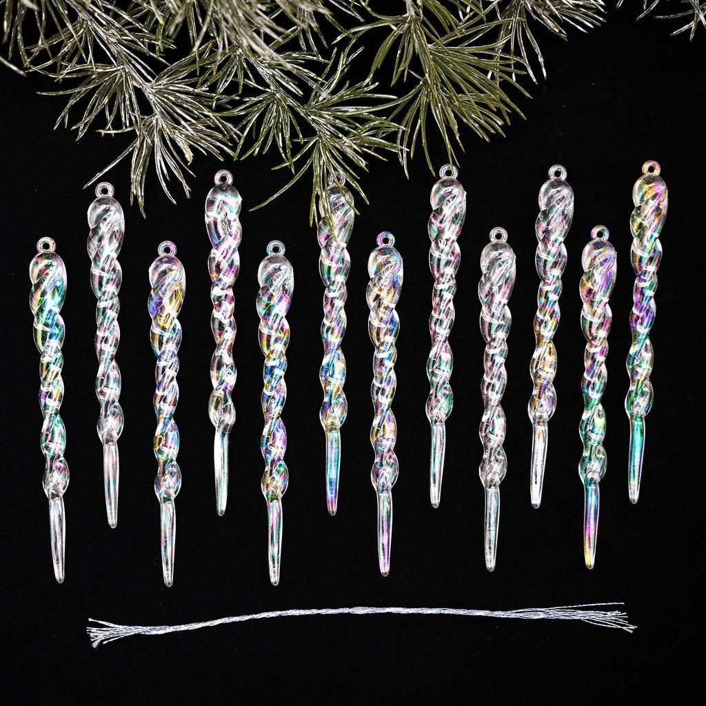 12pcs Christmas Novelties 2026 2027 Clear Acrylic Twisted Icicle Cone Christmas Pendant For Xmas Tree New Year Eve Decoration