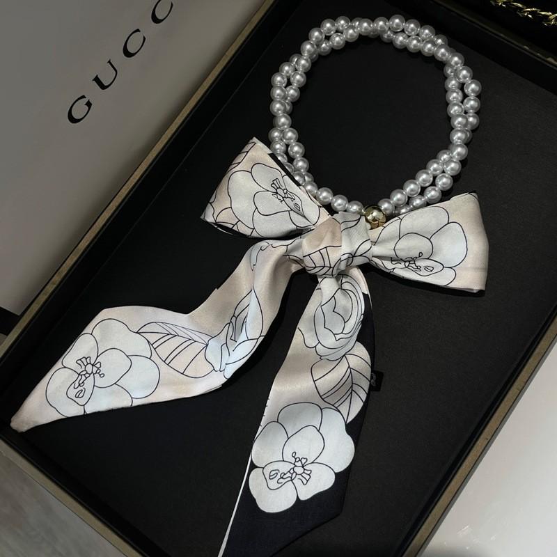 Vintage Pearl Necklace With Silk Scarf Necklace