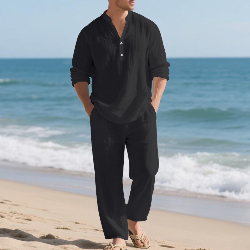 2026 Men's Casual Loose Fit Linen Sports Suit with Long Sleeves