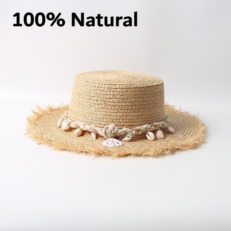 

Women s 100% Natural Raffia Flat Straw Hat Shell Decoration Holiday Summer Beach Sun Hat for Women Hand Woven Boat Hat Wedding