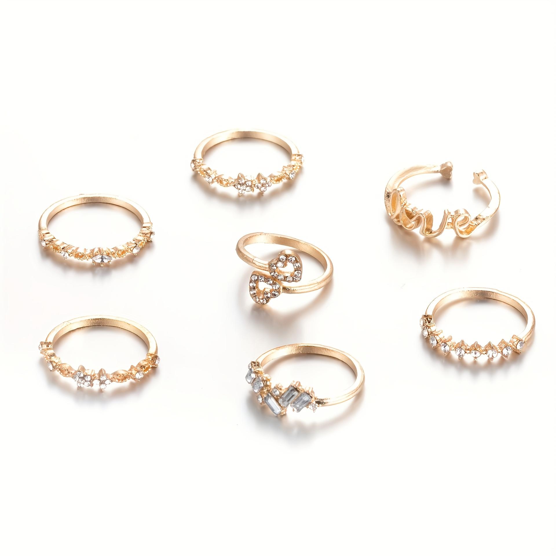 7pcs Summer New Set: Stylish Heart & Letter LOVE Floral Ring Collection золотистый
