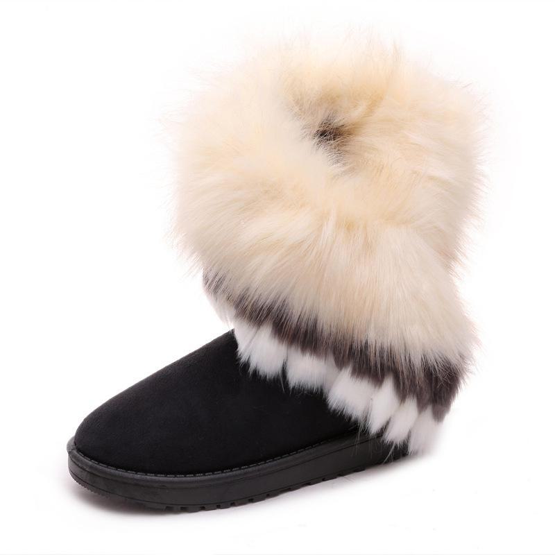 Damen Mid-Calf Schneestiefel mit Fuchsfellbesatz - Winter Baumwollfutter