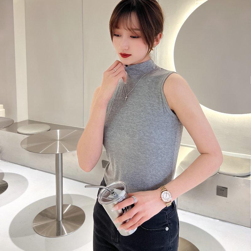 Women's Sleeveless Semi-High Neck Slim Cotton Vest - Solid Color Summer Top