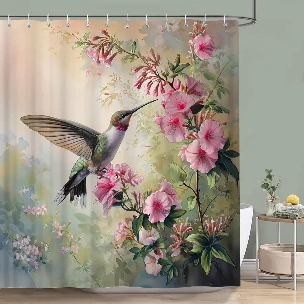 Tropical Birds Floral Shower Curtains Parrot Toucan Green Leaves Plants Flowers Nature Jungle Scenery Bathroom Decor with Hooks