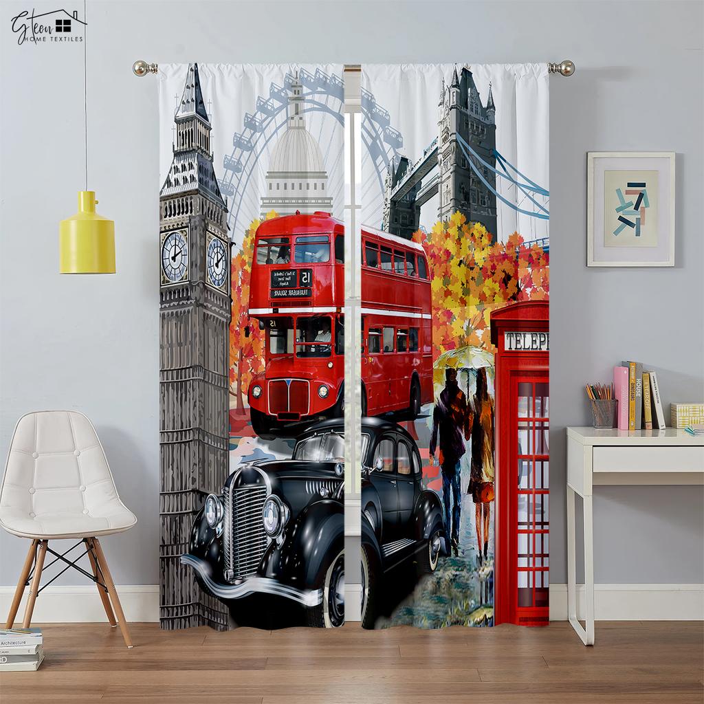 Black And White City Building 3D Printing Curtain Street View Building Red Bus Telephone Booth Simple Modern Decorative Curtain