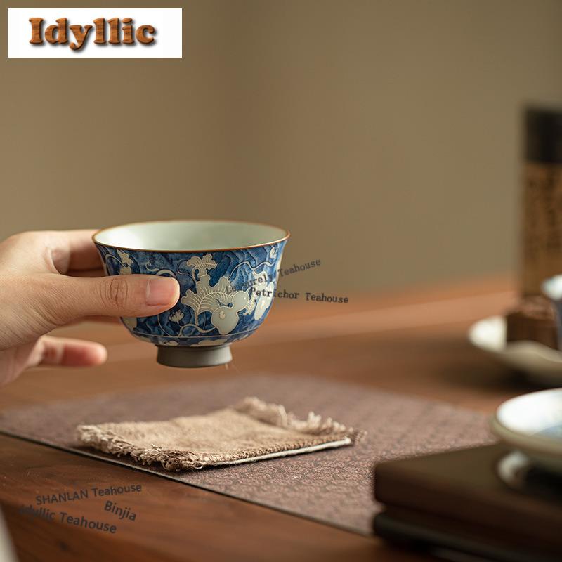 120ml Blue And White Ru Kiln Gourd Teacup Handmade Tea Bowl Set Of Cups Tea-tasting Meditation Cup Chazhan Master Cups For Tea