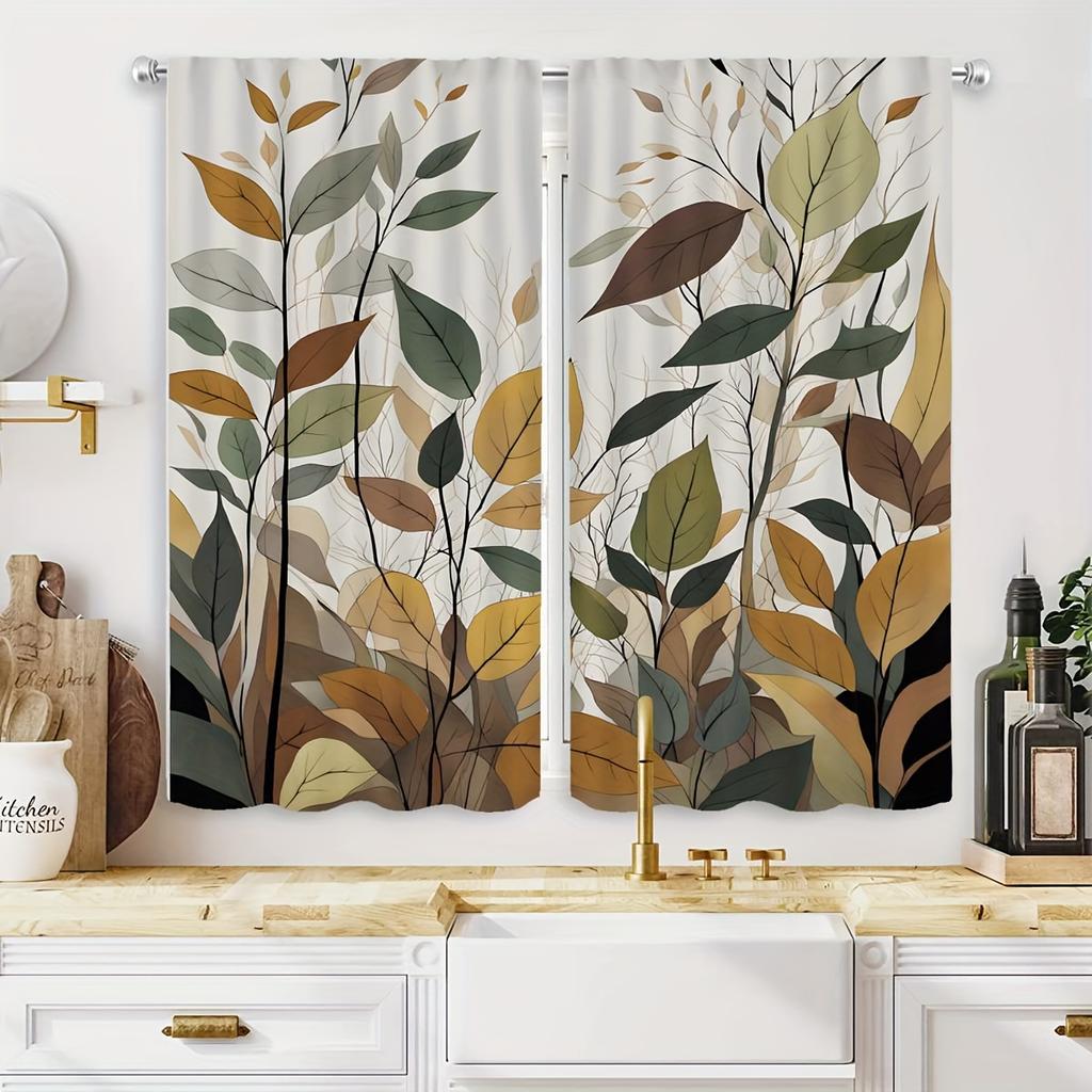 2Pcs Of Hd Small Fresh Leaves Decorative Curtain Yellow Digital Printed Curtain Home Decoration Style Decoration Living Room Bed