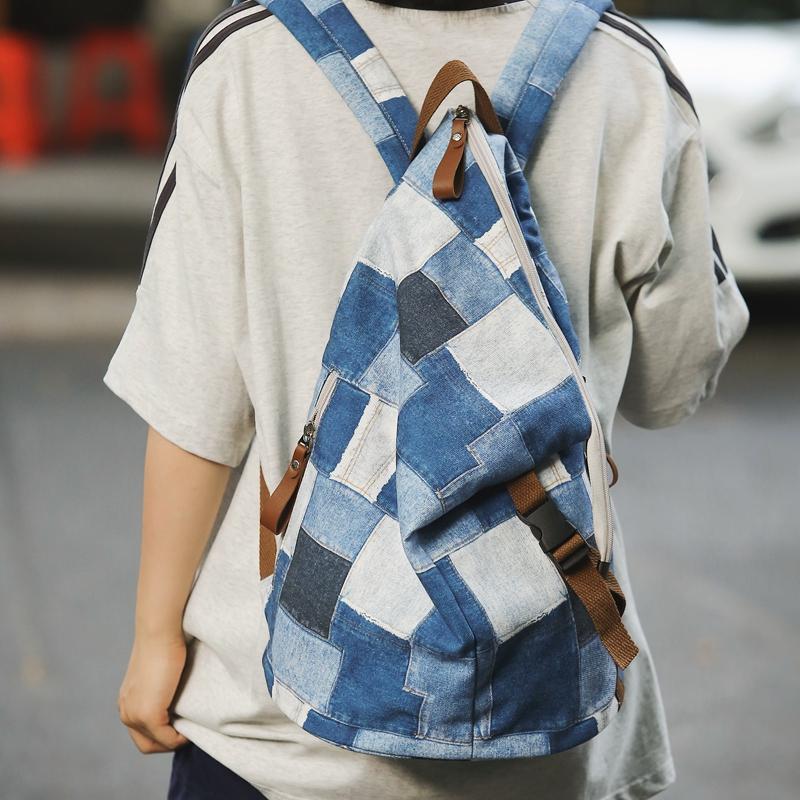 Denim Color Block Dámský batoh Pánské kostkované batohy Velkokapacitní taška přes rameno Studentská školní taška