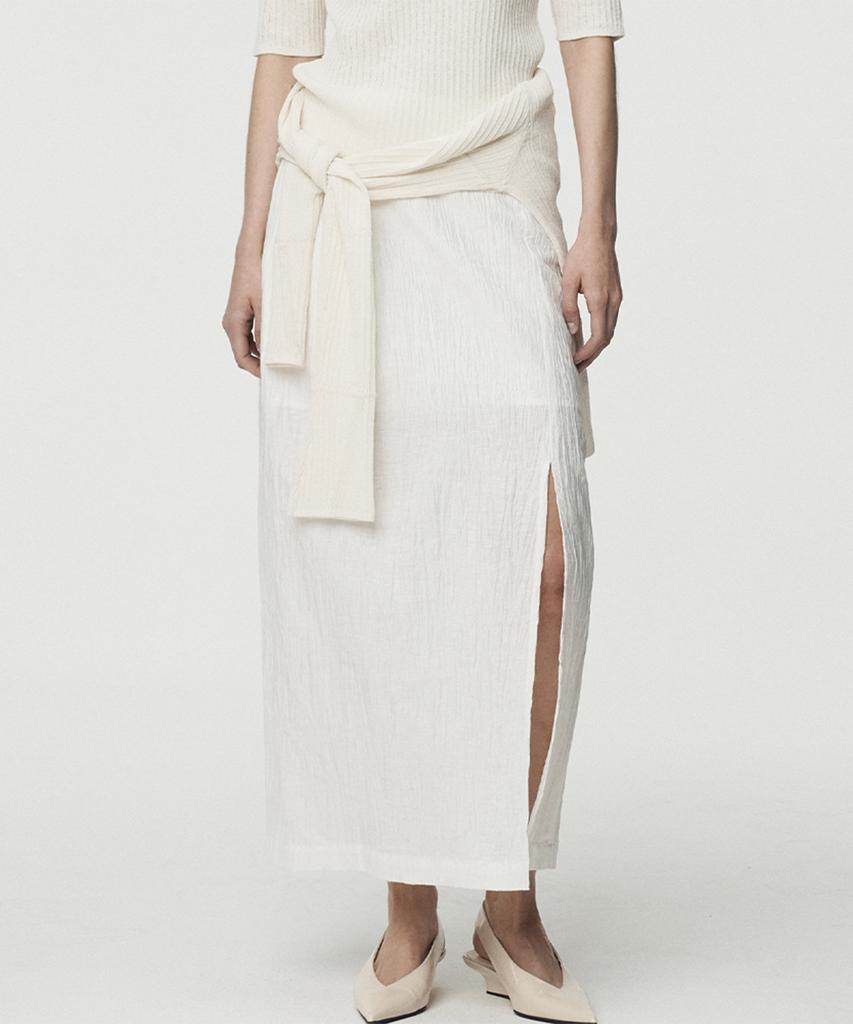 Umamung Japanese Crinkled Linen Side Slit Maxi Skirt_Pearl