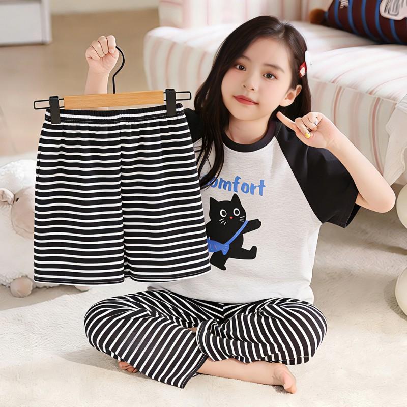 2026 Cotton Pajama Set Girls Short Sleeve Thin Sleepwear Sweet Cartoon Print Kids Home Outfit