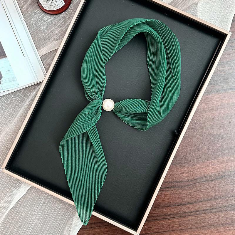 Pearl magnetic silk scarf high-end new versatile solid color pleated silk scarf with shirt neck protector scarf