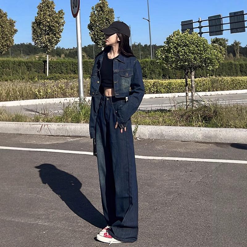 

Trendy American Retro Denim Floor-Length Wide-Leg Jeans Outfit Extra Large